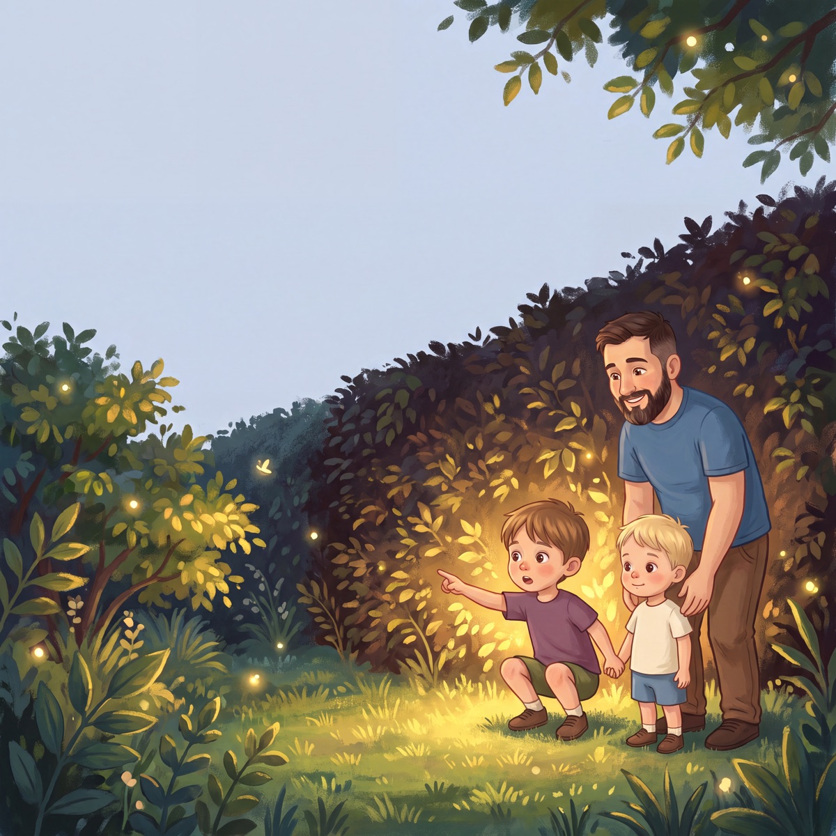 A finished page: the children and their father before the glowing hedge at dusk