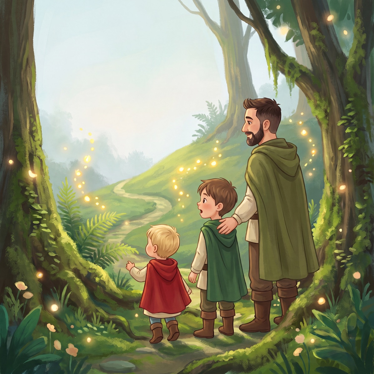 A page from the story: the family watching fireflies light up a path on the hillside