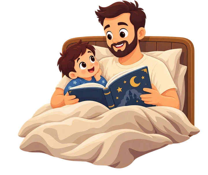 Dad and his son reading a bedtime story together