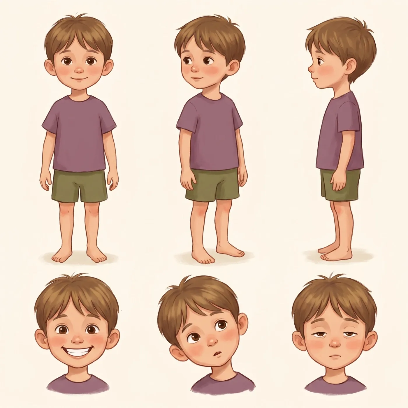 A character sheet: the same child drawn several times over, fixing the face, hair and proportions before any page is illustrated