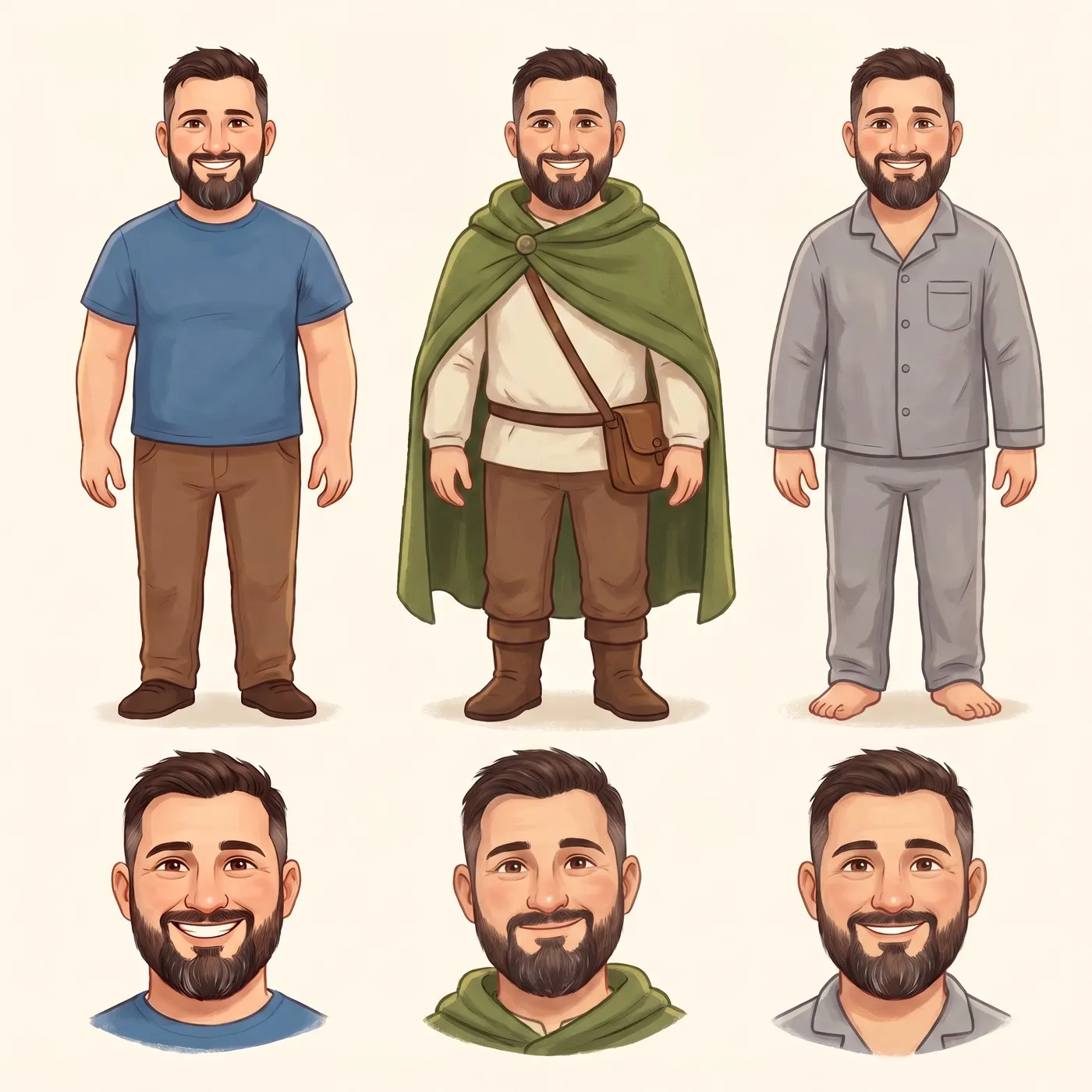 A wardrobe strip: the outfits each character wears, settled in advance so the clothes stay the same from page to page